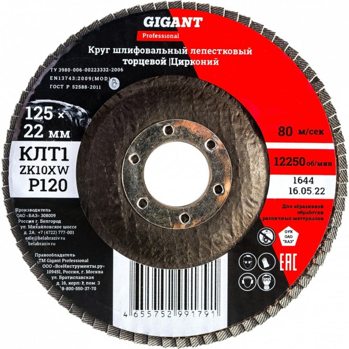Круг лепестковый GIGANT Professional 125х22.2 мм, P120, цирконий GNT-P120